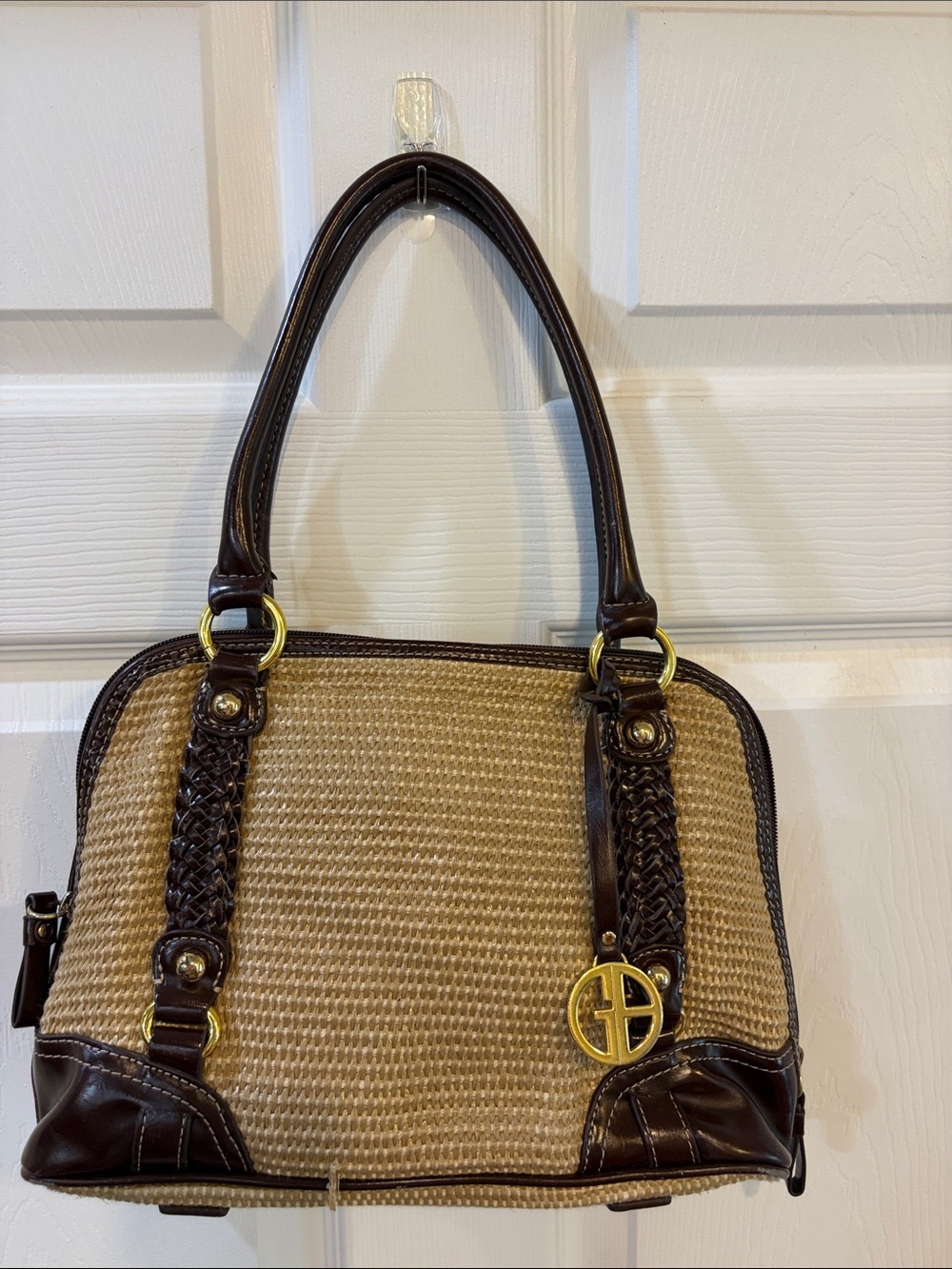 Gianni Bernini Tan Woven Shoulder Bag with Brown Trim